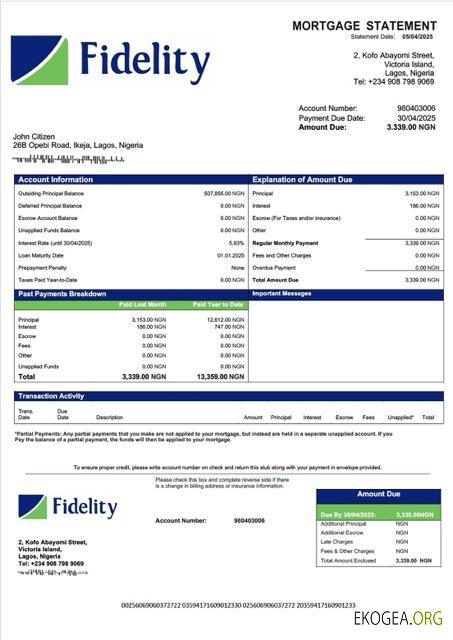 Modèle Word et PDF de relevé hypothécaire de la Nigeria Fidelity Bank